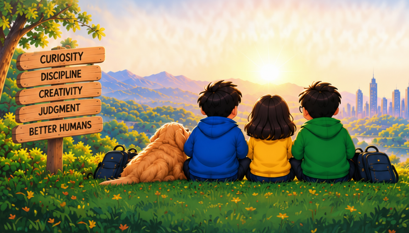 Children sitting on a hill at sunrise, looking out at a city
