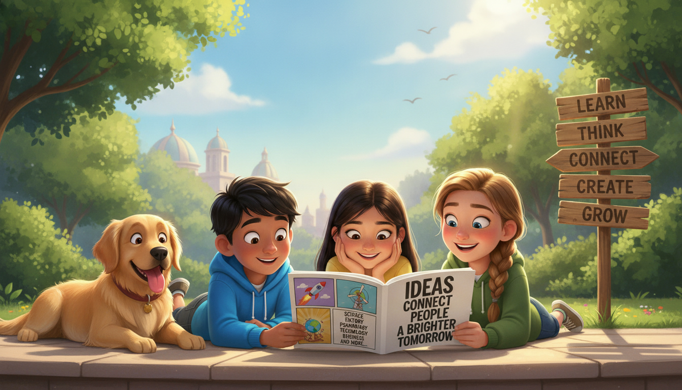 Agastya, Meadow and Shreya reading a colourful comic book with a friendly dog